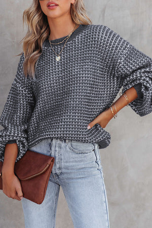 Green Heathered Knit Drop Shoulder Lantern Sleeve Sweater