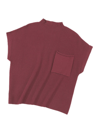 Green Patch Pocket Ribbed Knit Short Sleeve Sweater