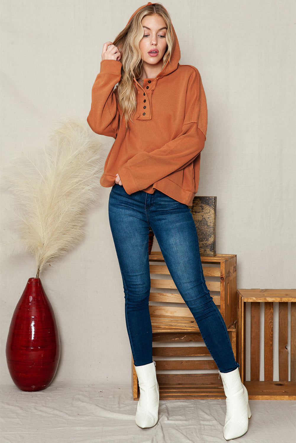 Orange Basic & Casual Button Front Pullover Hoodie