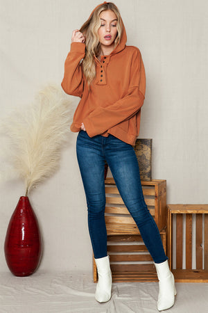 Orange Basic & Casual Button Front Pullover Hoodie