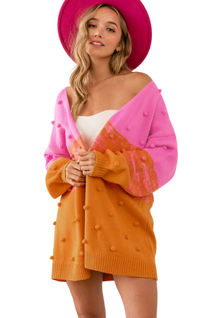 Multicolor Pompom Color Block Open Front Cardigan Sweater