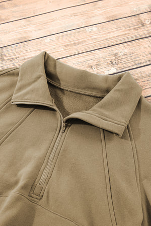 Green Zip Up Stand Collar Ribbed Thumbhole Sleeve Sweatshirt