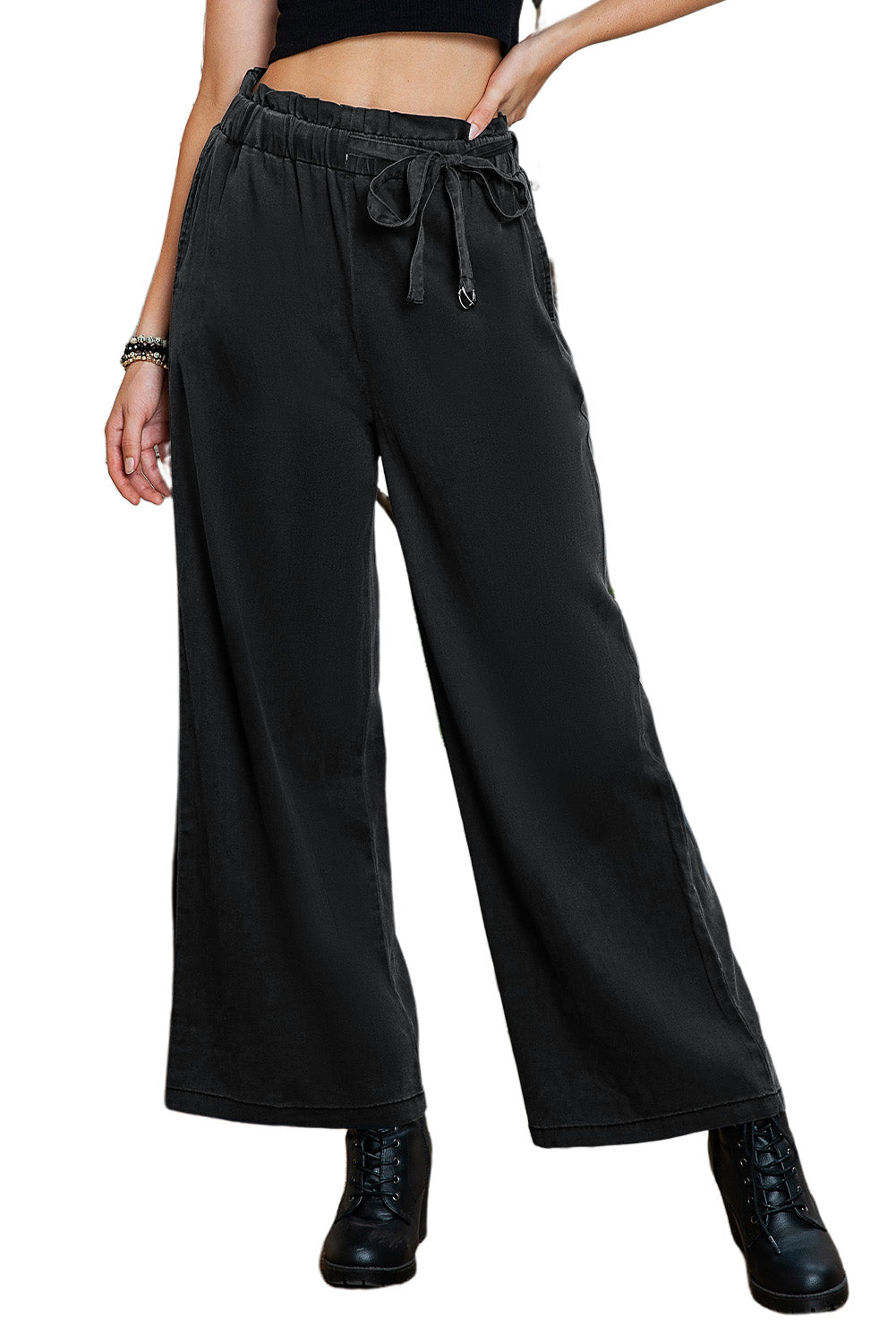 Blue High Waist Pocketed Wide Leg Tencel Jeans