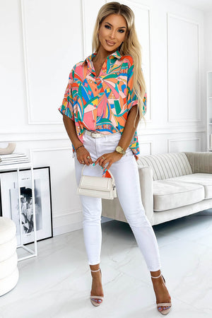 Multicolor Abstract Geometry Print Half Puff Sleeve Loose Shirt