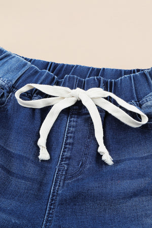 Dark Blue Casual Hole Drawstring Elastic Waist Jeans