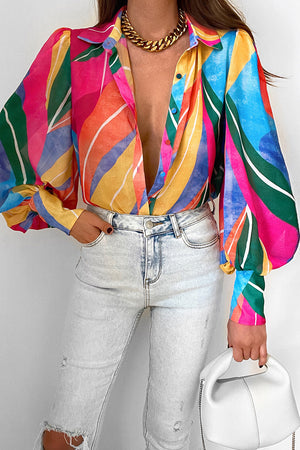 Multicolor Swirl Color Block Print Lantern Sleeve Shirt