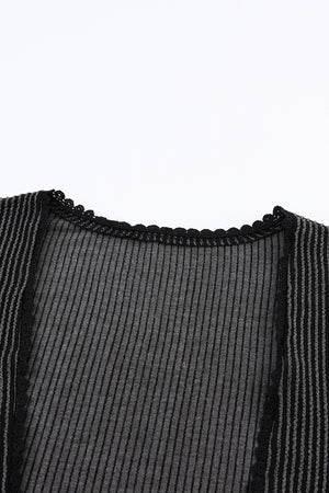 Black Textured Lace Trim Open Front Kimono Cardigan
