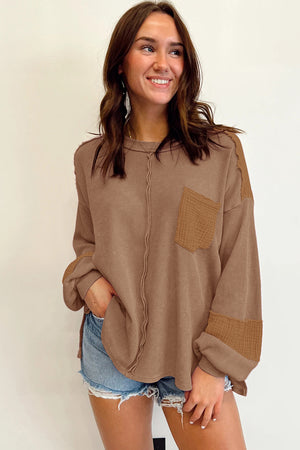 Black Waffle and Crinkle Patchwork Long Sleeve Top