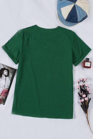 Green Plain Solid Color Crew Neck Tee
