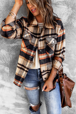 Brown Plaid Button Up Long Sleeve Flannel Jacket