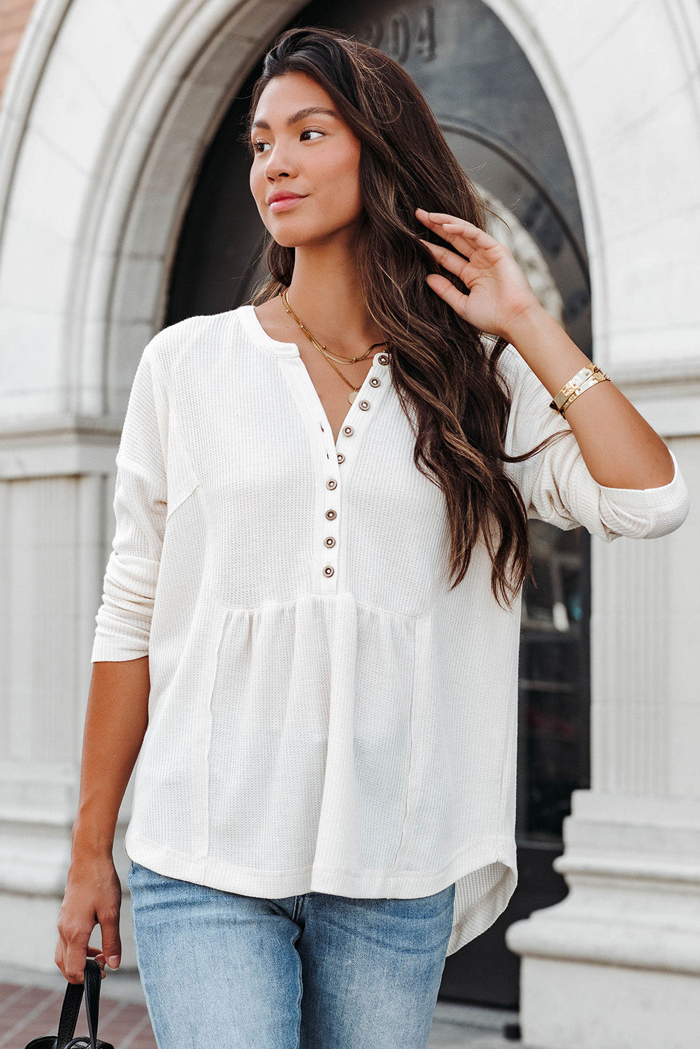 Brown Waffle Knit Casual Button Henley Top