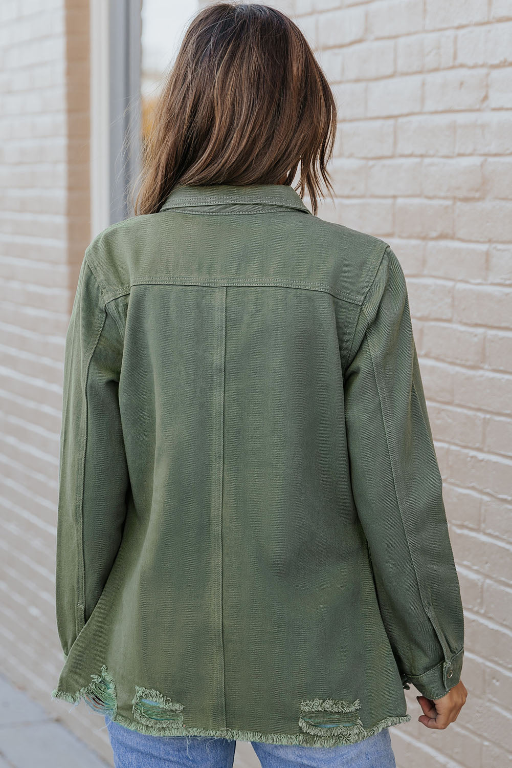 Green Casual Ripped Raw Hem Button Up Denim Shacket