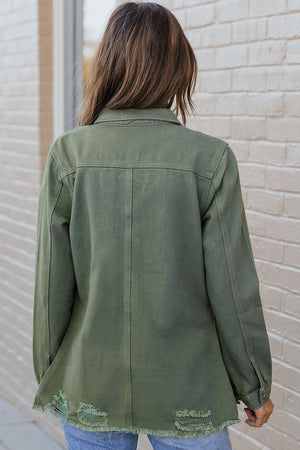 Green Casual Ripped Raw Hem Button Up Denim Shacket