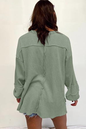Black Waffle and Crinkle Patchwork Long Sleeve Top