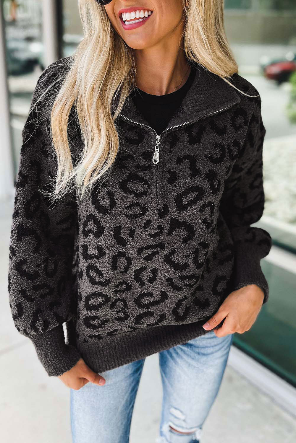 Leopard Casual Animal Print Zipped Collared Sweater