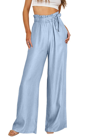 Blue High Waist Pocketed Wide Leg Tencel Jeans