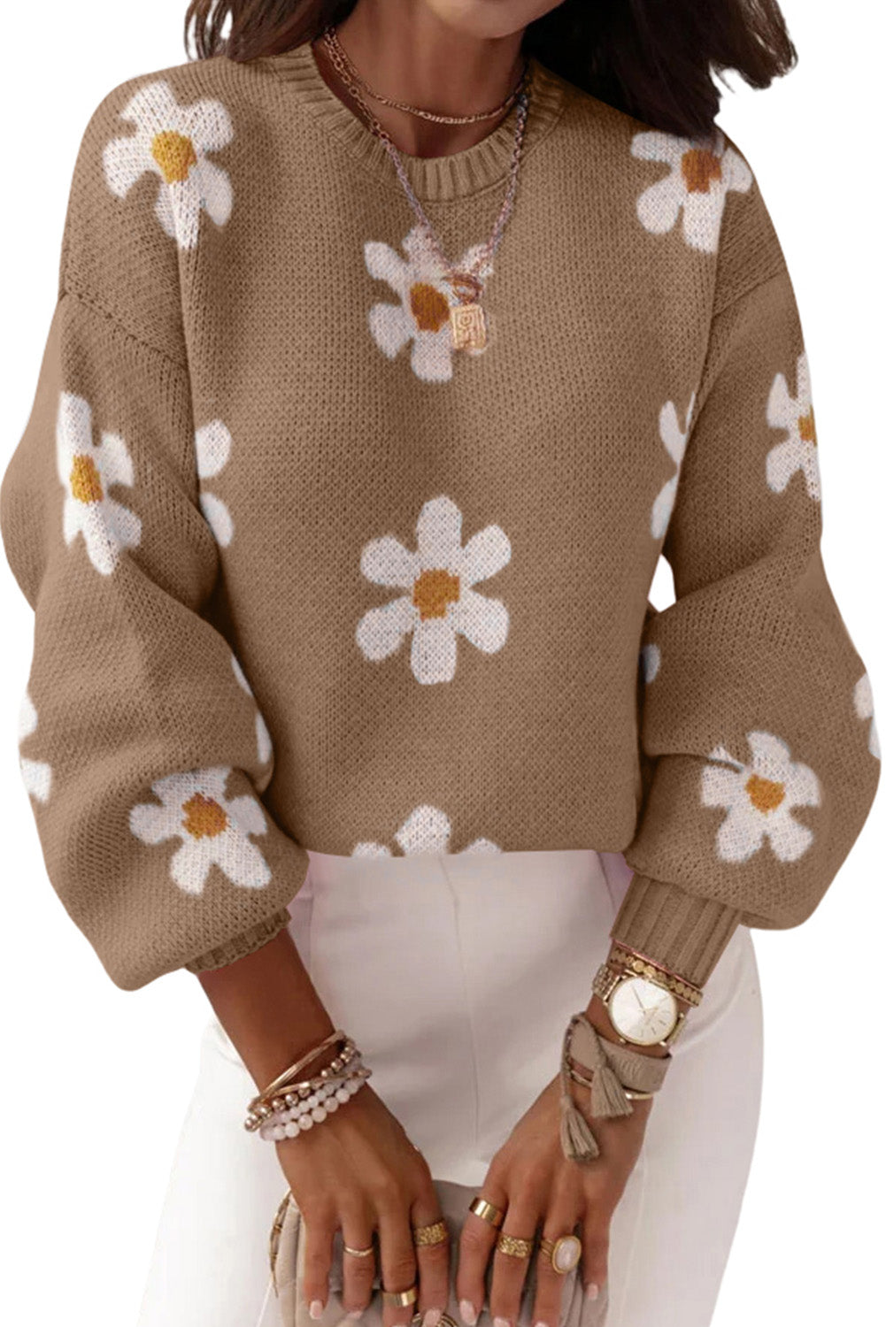 Black Floral Pattern Drop Shoulder Knit Sweater