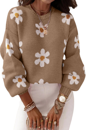 Black Floral Pattern Drop Shoulder Knit Sweater