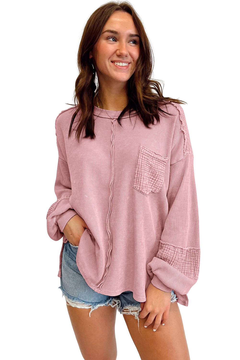 Black Waffle and Crinkle Patchwork Long Sleeve Top