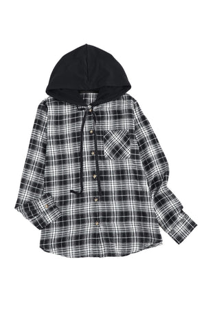 Black Plaid Drawstring Hooded Shacket