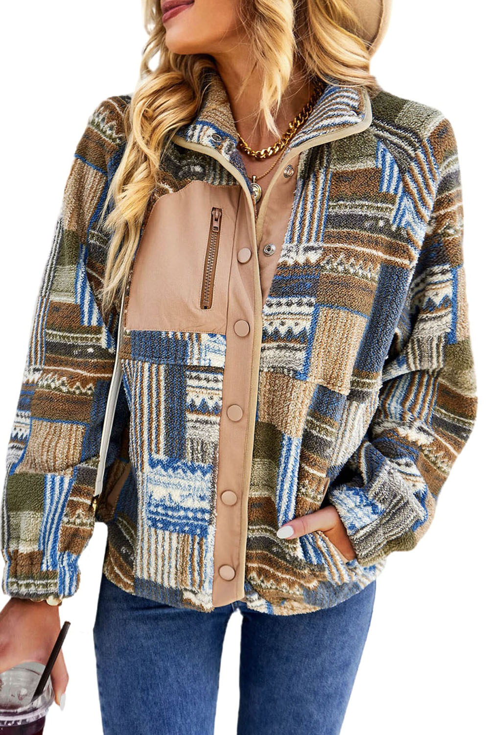 Black Geometric Colorblock Colorblock Snap Button Sherpa Jacket