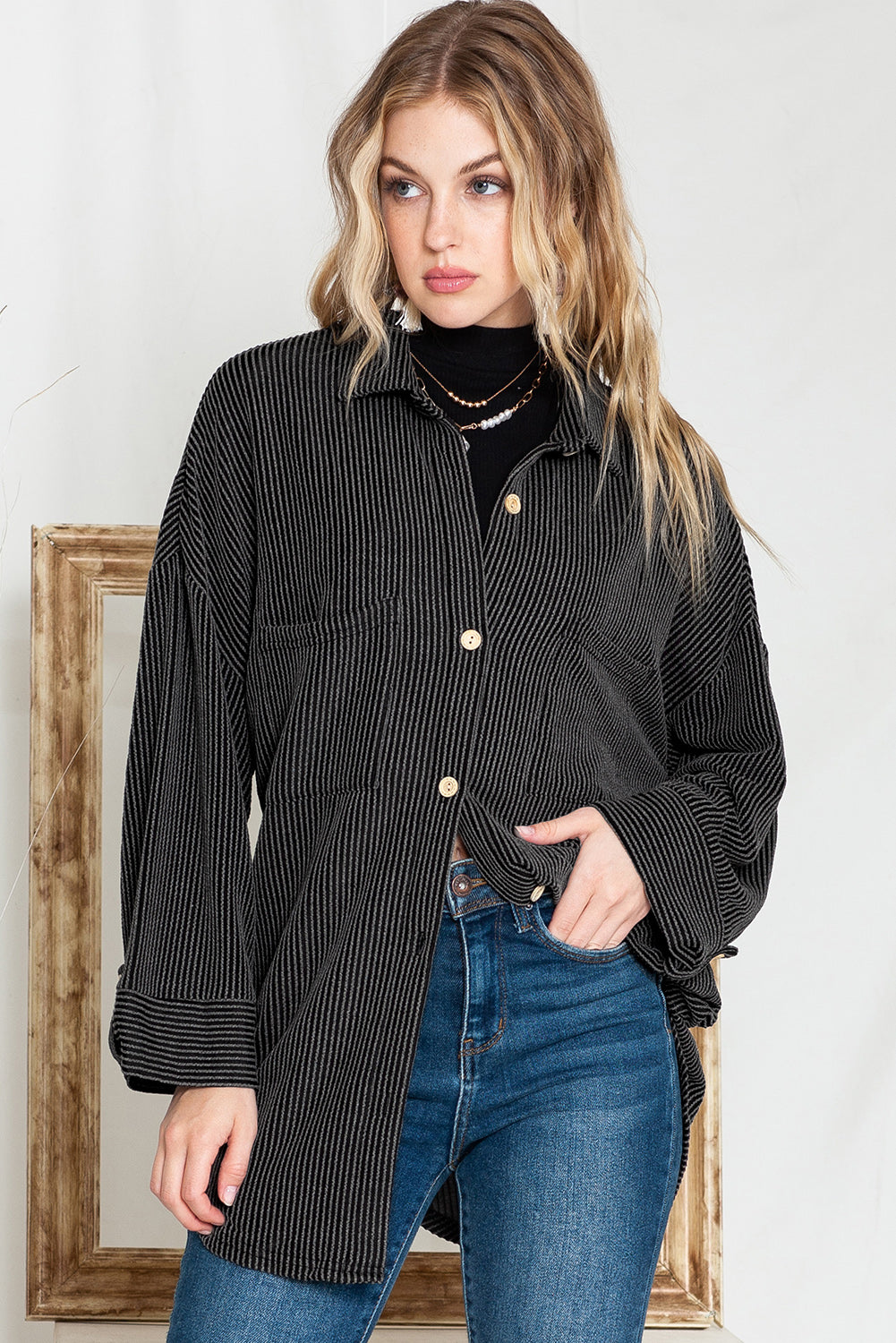 Pink Solid Color Textured Roll Tab Sleeve Shirt Shacket