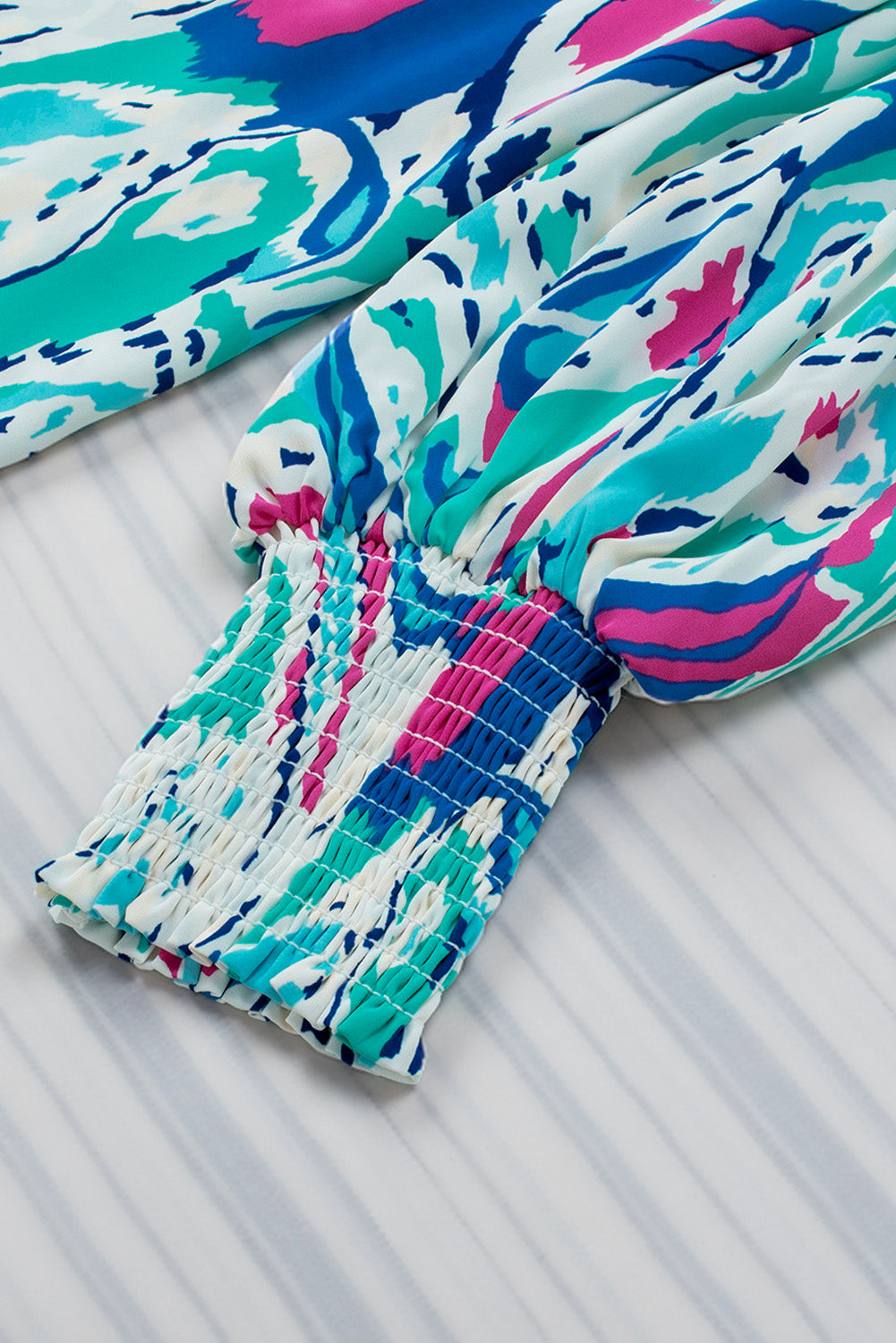 Sky Blue Paisley Print Lantern Sleeve Shirred Cuffs Blouse