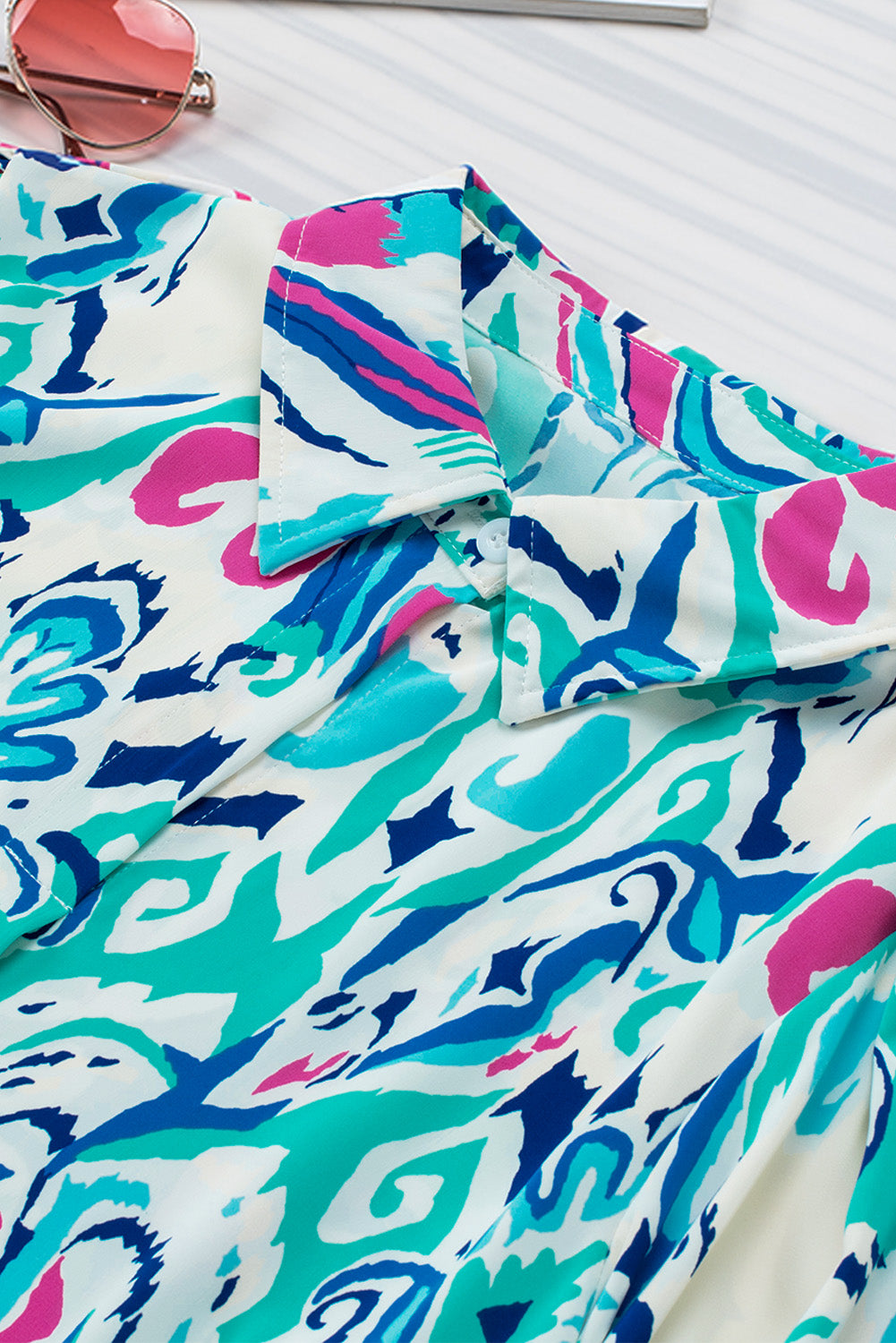 Sky Blue Paisley Print Lantern Sleeve Shirred Cuffs Blouse