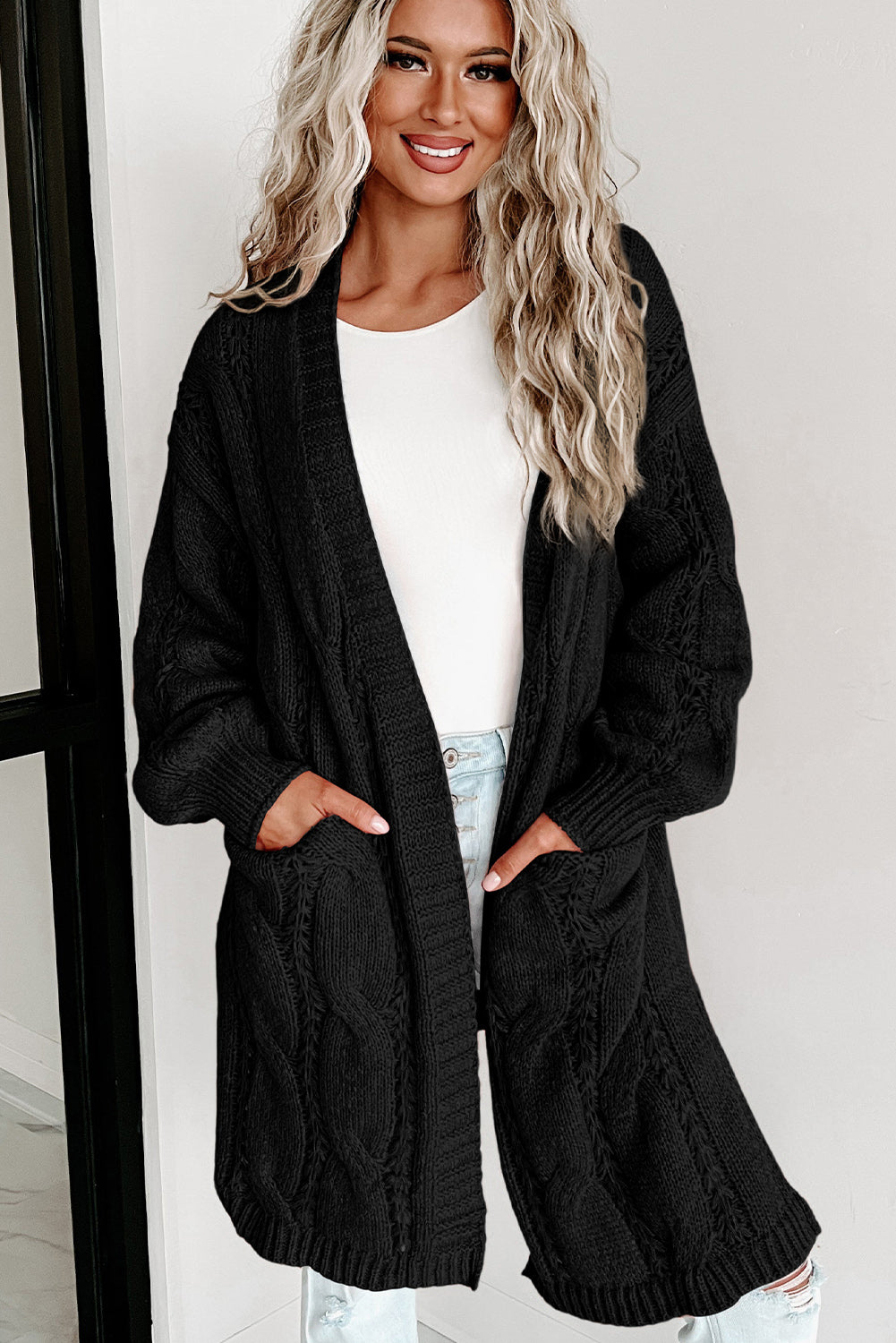 Apricot Ribbed Trim Hollow Knit Side Slits Cardigan