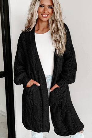 Apricot Ribbed Trim Hollow Knit Side Slits Cardigan