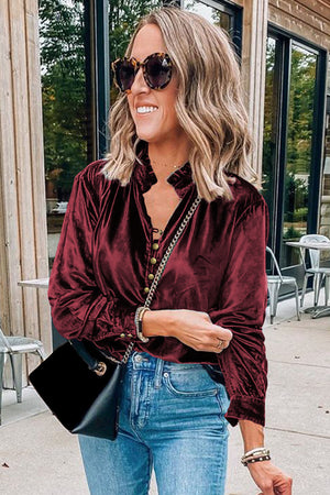 Black Frilled Neck Buttoned Front Velvet Top