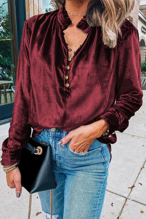 Black Frilled Neck Buttoned Front Velvet Top