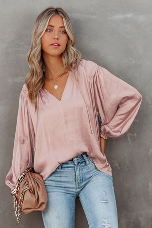 Black Pleated Balloon Sleeve Drawstring V-Neck Blouse