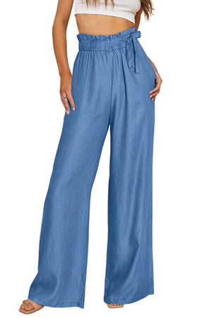 Blue High Waist Pocketed Wide Leg Tencel Jeans