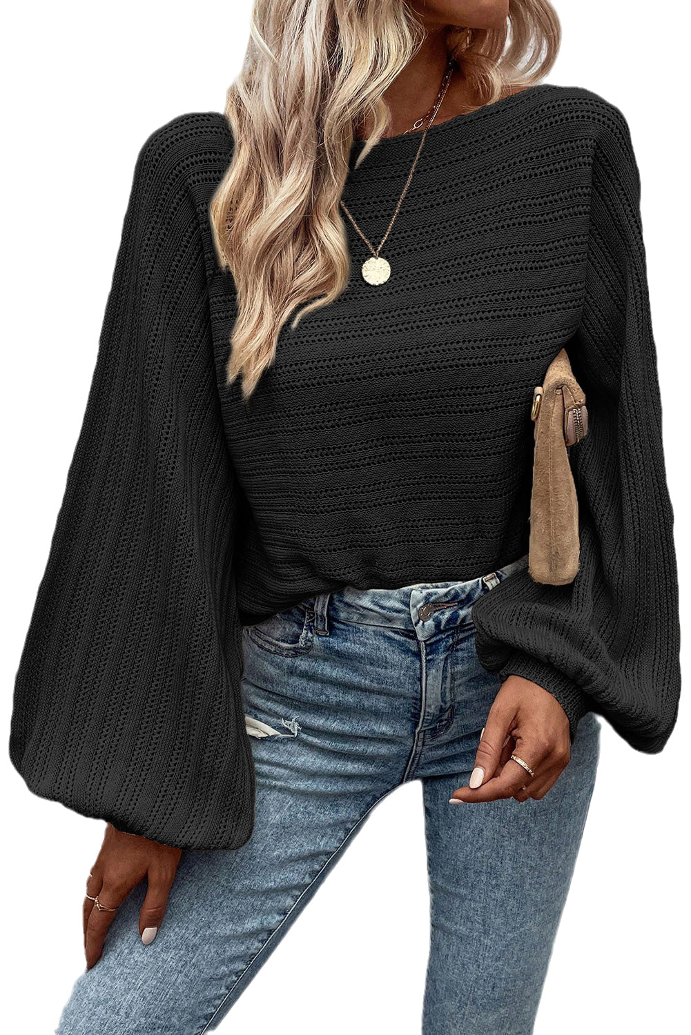 Black Lantern Sleeve Eyelets Knit Sweater