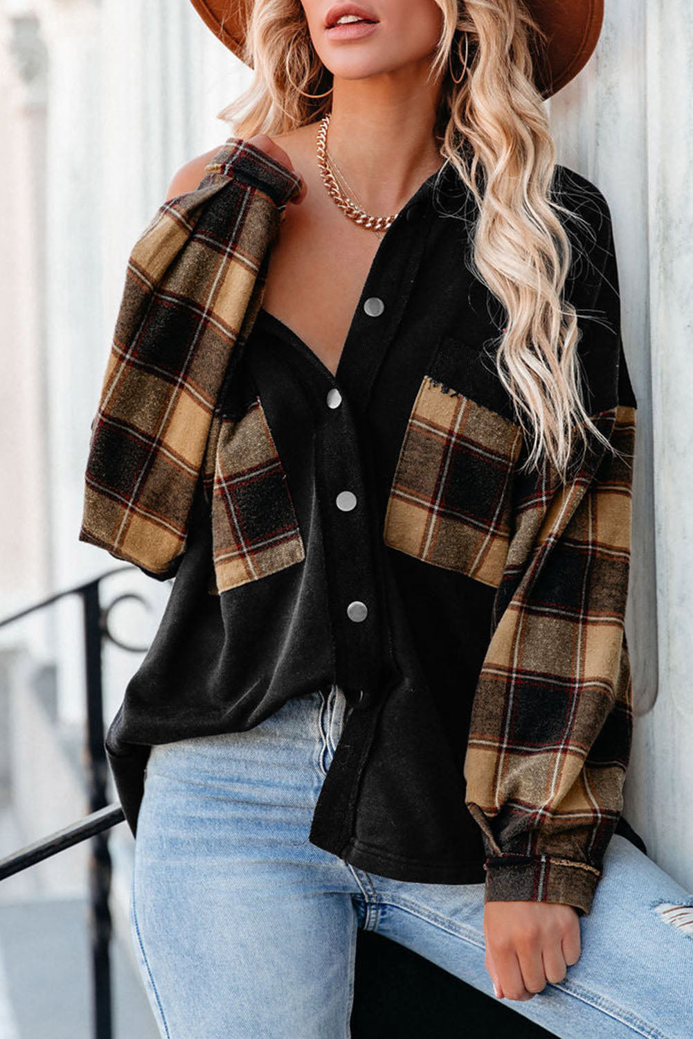Rose Plaid Patchwork Chest Pockets Oversized Shirt Shacket