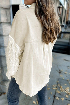 Green Cable Knit Patchwork Sleeve Raw Hem Shacket