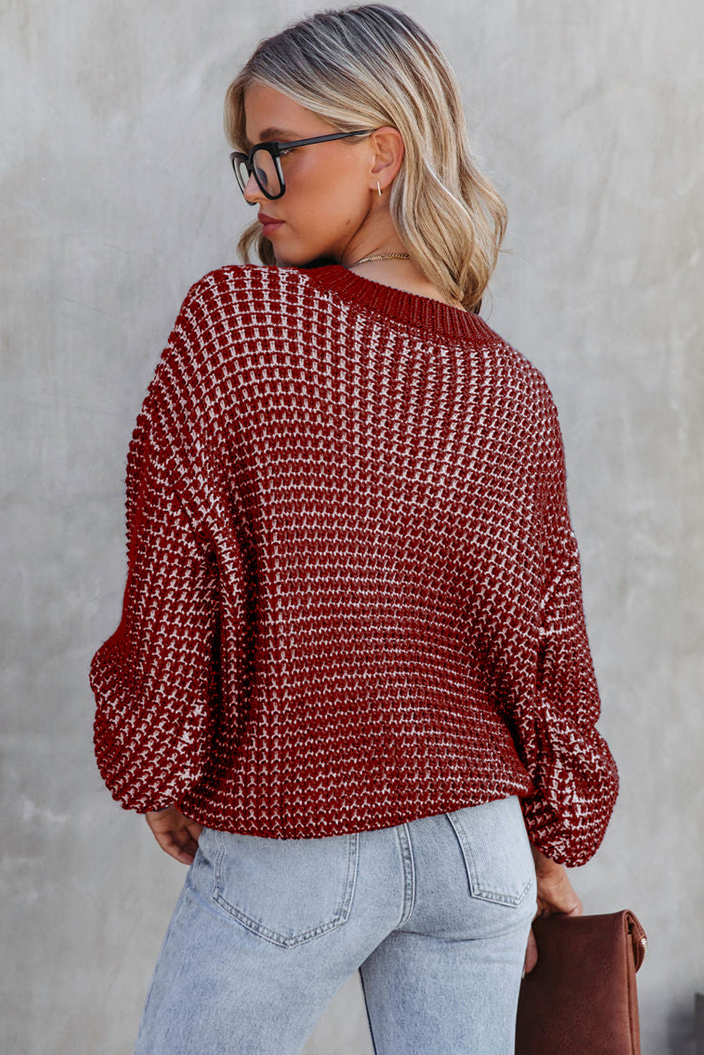 Green Heathered Knit Drop Shoulder Lantern Sleeve Sweater