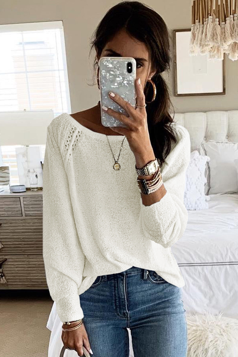 White Plain Raglan Sleeve Casual Pullover Sweater
