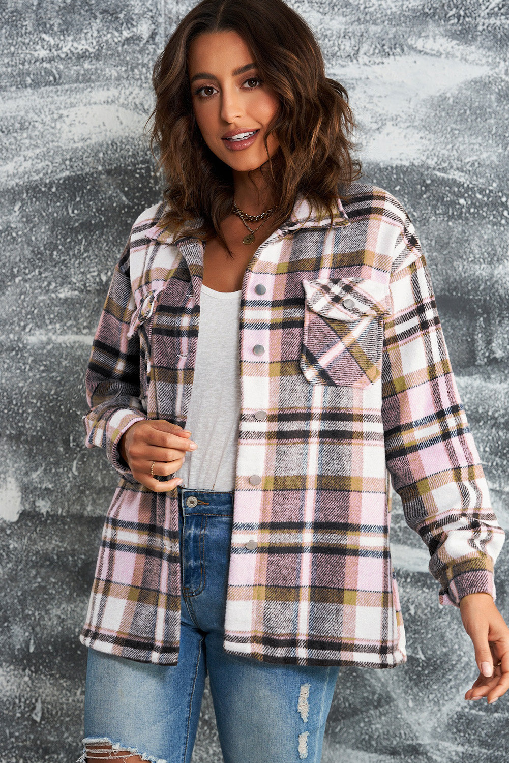 Brown Plaid Button Up Long Sleeve Flannel Jacket