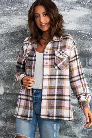 Brown Plaid Button Up Long Sleeve Flannel Jacket