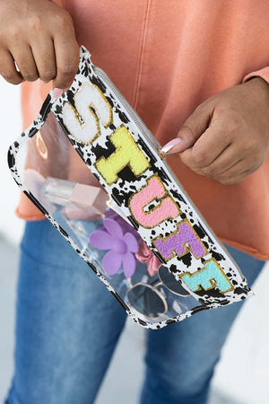 Black STUFF Cow Print Transparent Zipped Handbag