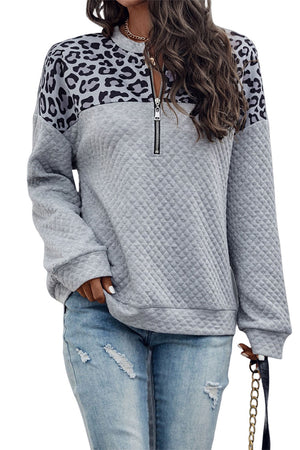 Gray Leopard Quilted Drop Shoulder Half Zipped Sweatshirt