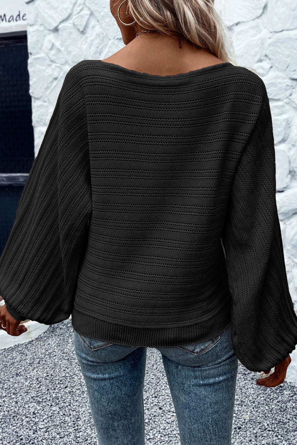 Black Lantern Sleeve Eyelets Knit Sweater