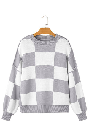Orange & White Plaid Exposed Seam Bishop Sleeve Sweater