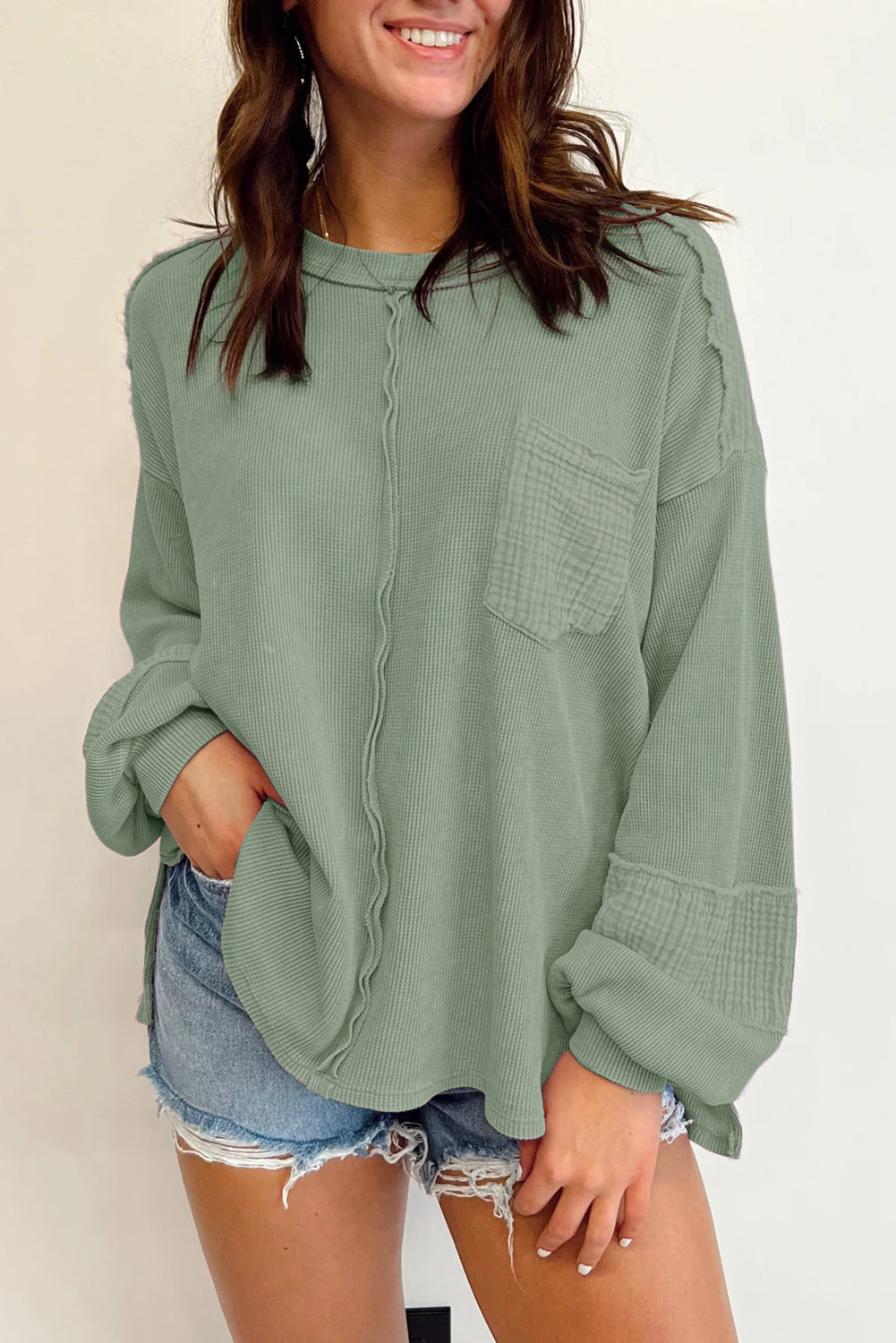 Black Waffle and Crinkle Patchwork Long Sleeve Top