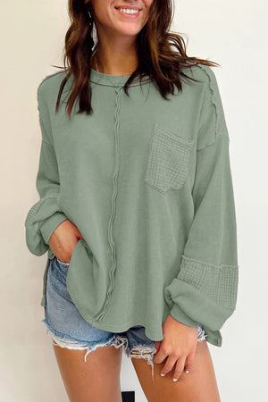 Black Waffle and Crinkle Patchwork Long Sleeve Top