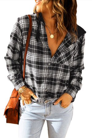 Black Plaid Drawstring Hooded Shacket