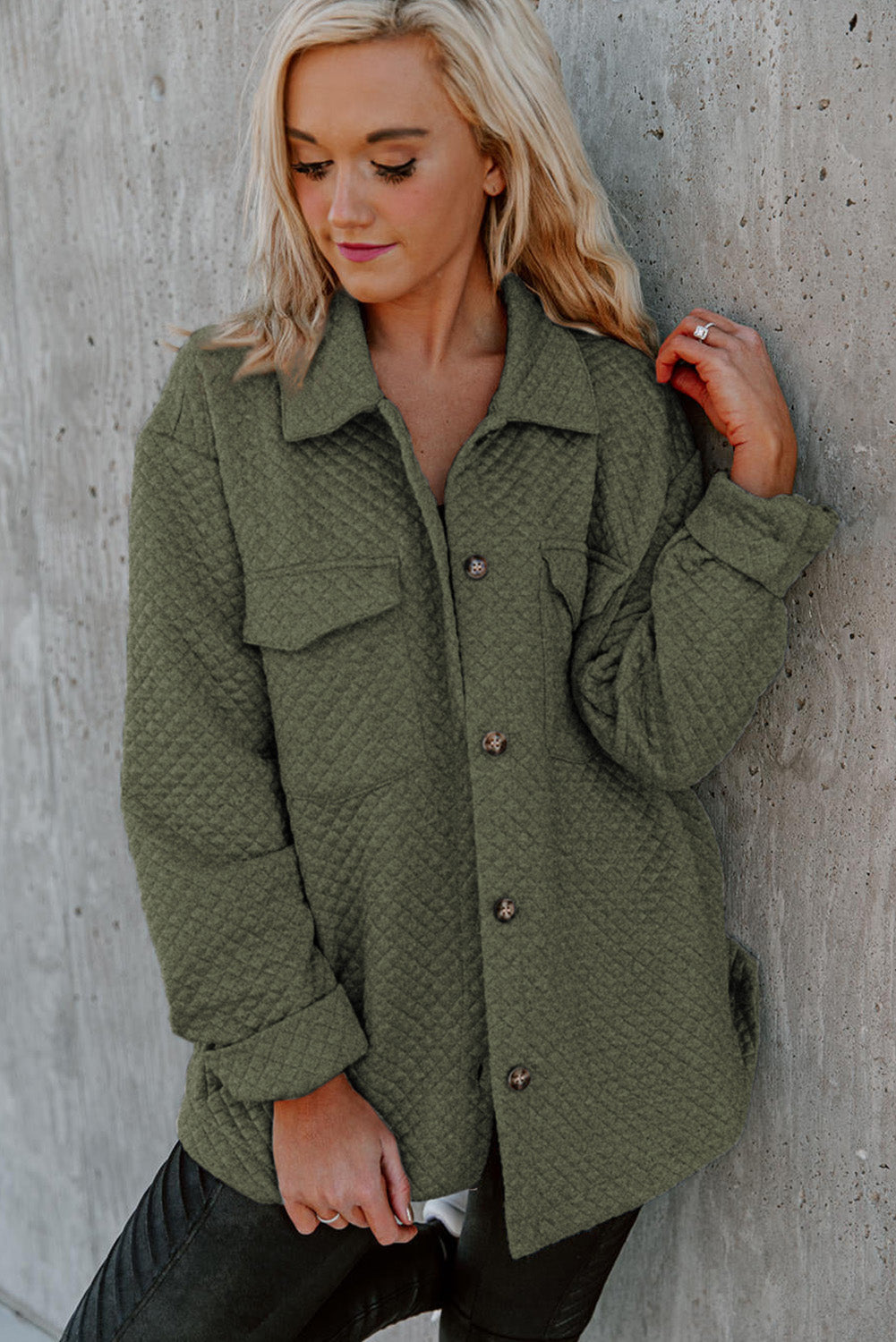 Black Lattice Texture Retro Flap Pocket Button Shacket