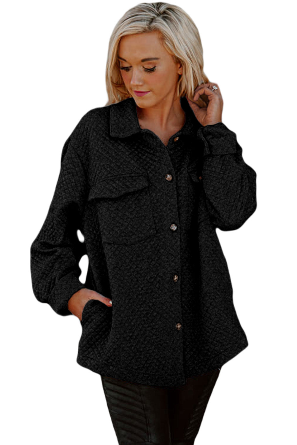 Black Lattice Texture Retro Flap Pocket Button Shacket